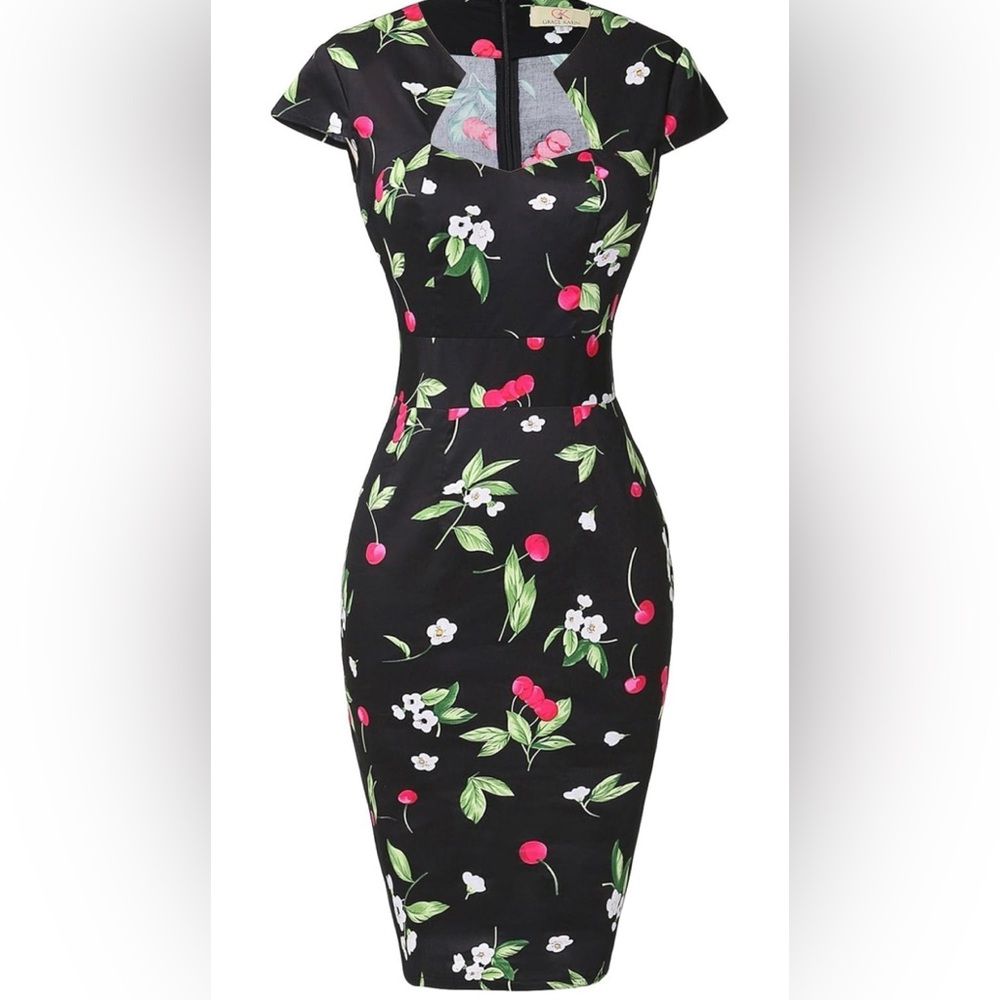 Floral Cherry Print Black Dress